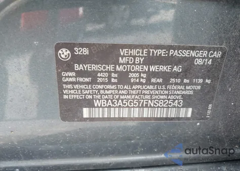 2015 BMW 328I 328I z USA, uszkodzony, nr VIN WBA3A5G57FNS82543